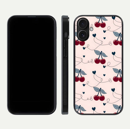 Cherry Heart Line Glass Case for iPhone 16 dual-view layout displaying minimal cherry motif and edge design