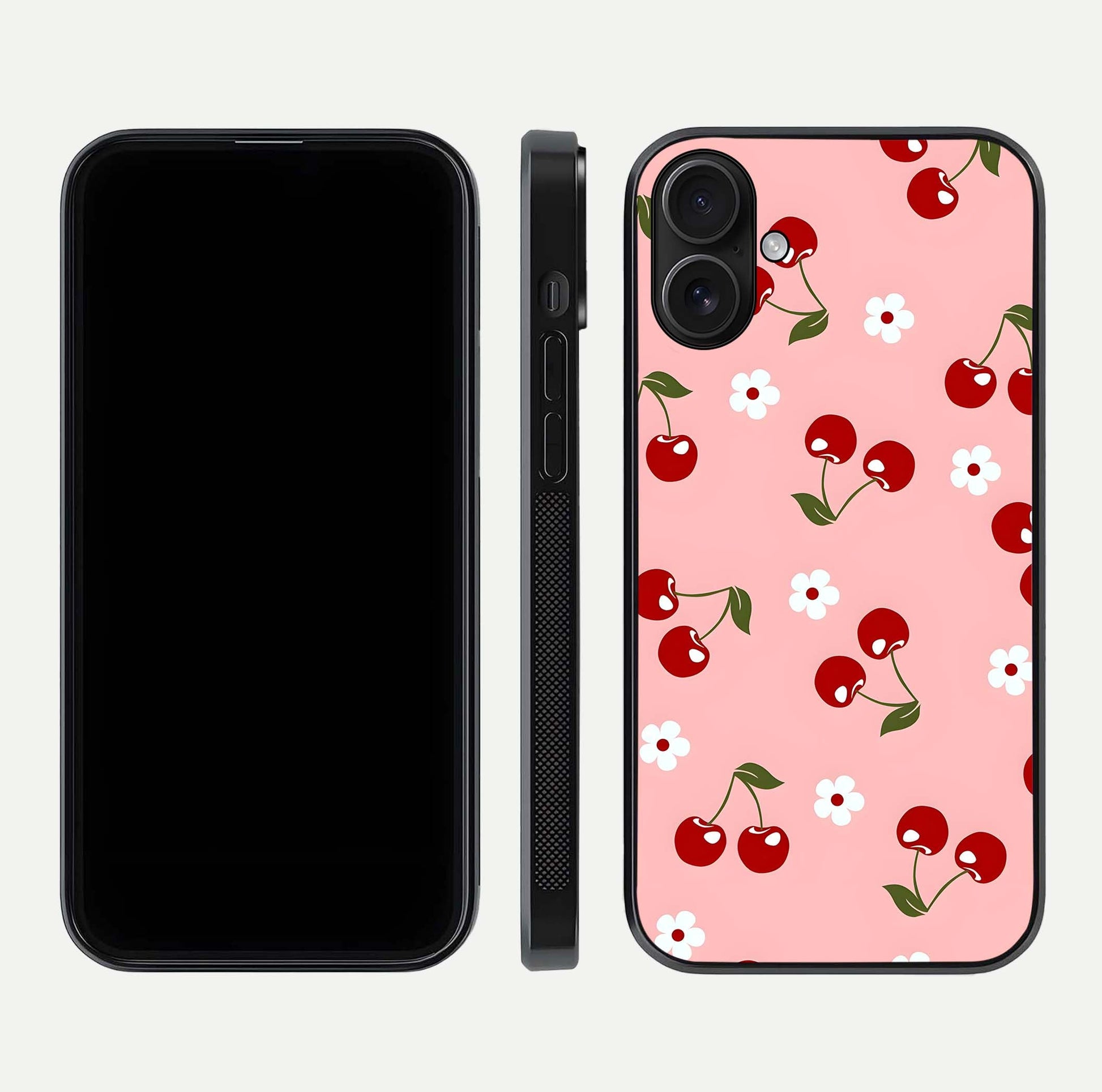 Cherry Love Mood Glass Case for iPhone 16 dual-view layout showing design alignment and curved edges