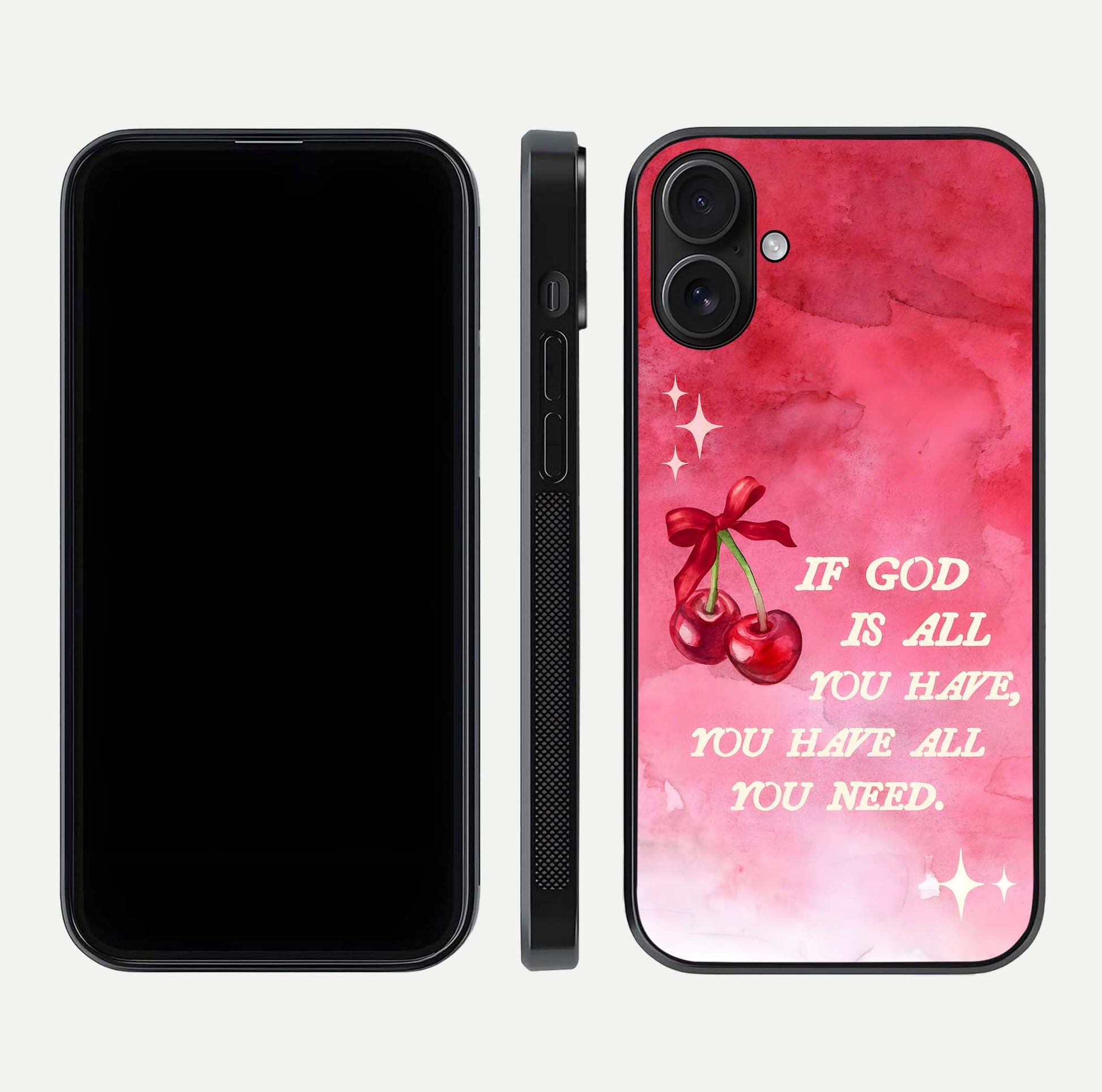 Cherry Quote Glass Case for iPhone 16 dual-view layout showing red cherry tones and text balance