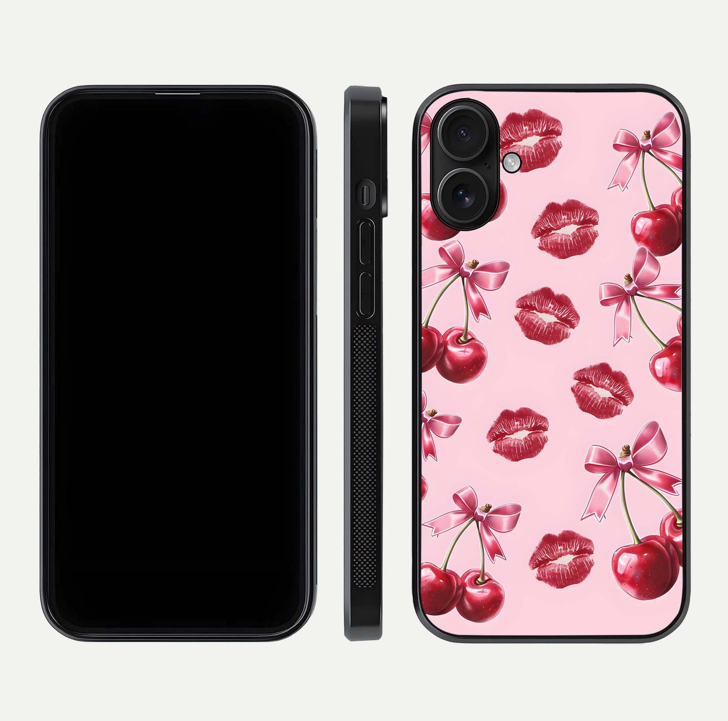 Cherry With Lips Glass Case for iPhone 16 front-and-back layout displaying detailed design and glass finish