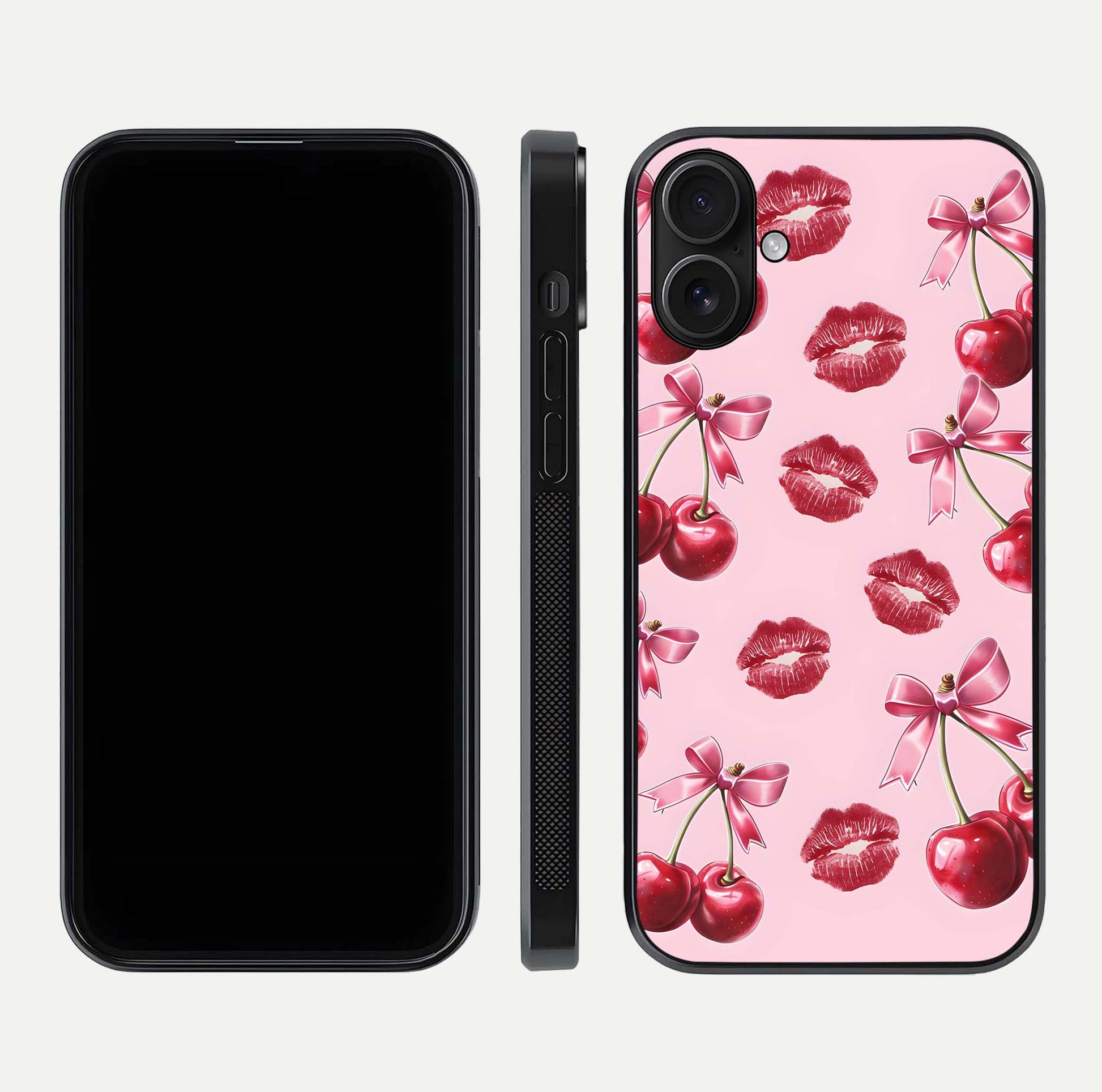 Cherry With Lips Glass Case for iPhone 16 front-and-back layout displaying detailed design and glass finish