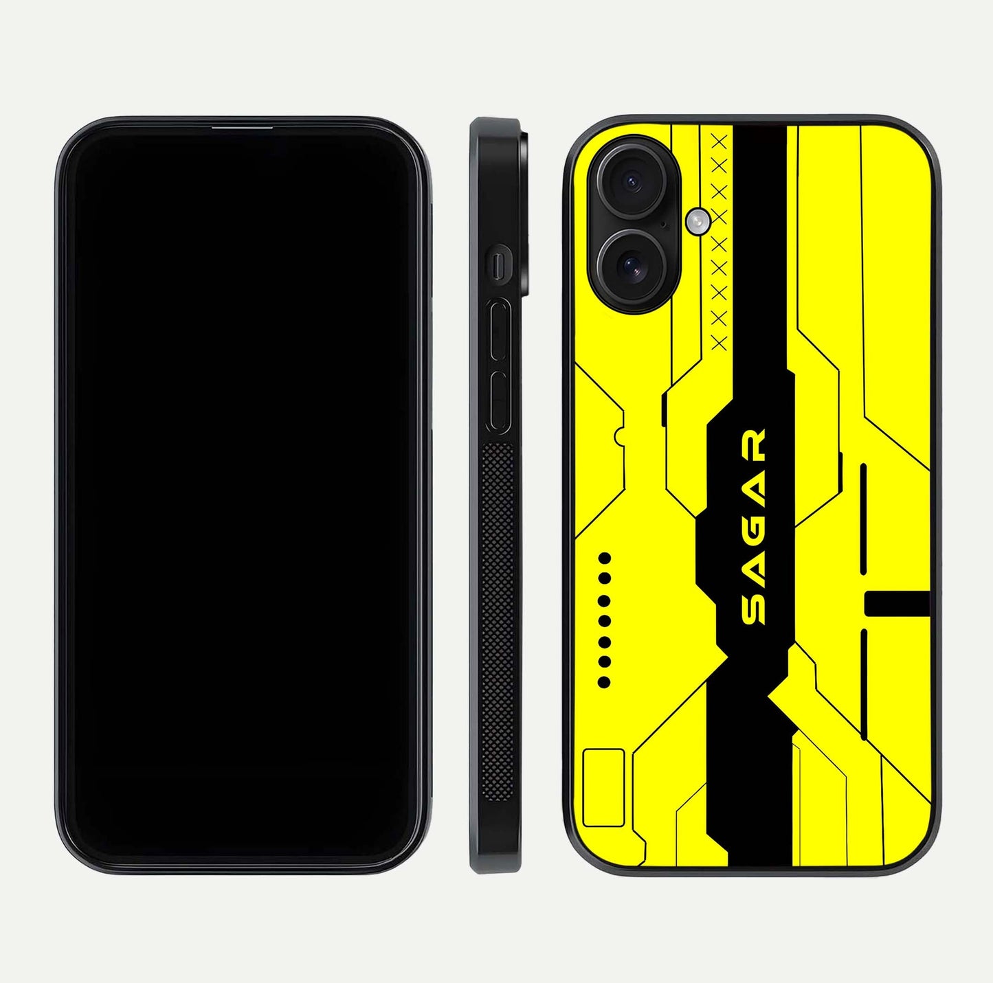Circuit CYBERPUNK Custom Name Glass Case for iPhone 16 dual-view layout showing bold tech art and edge clarity