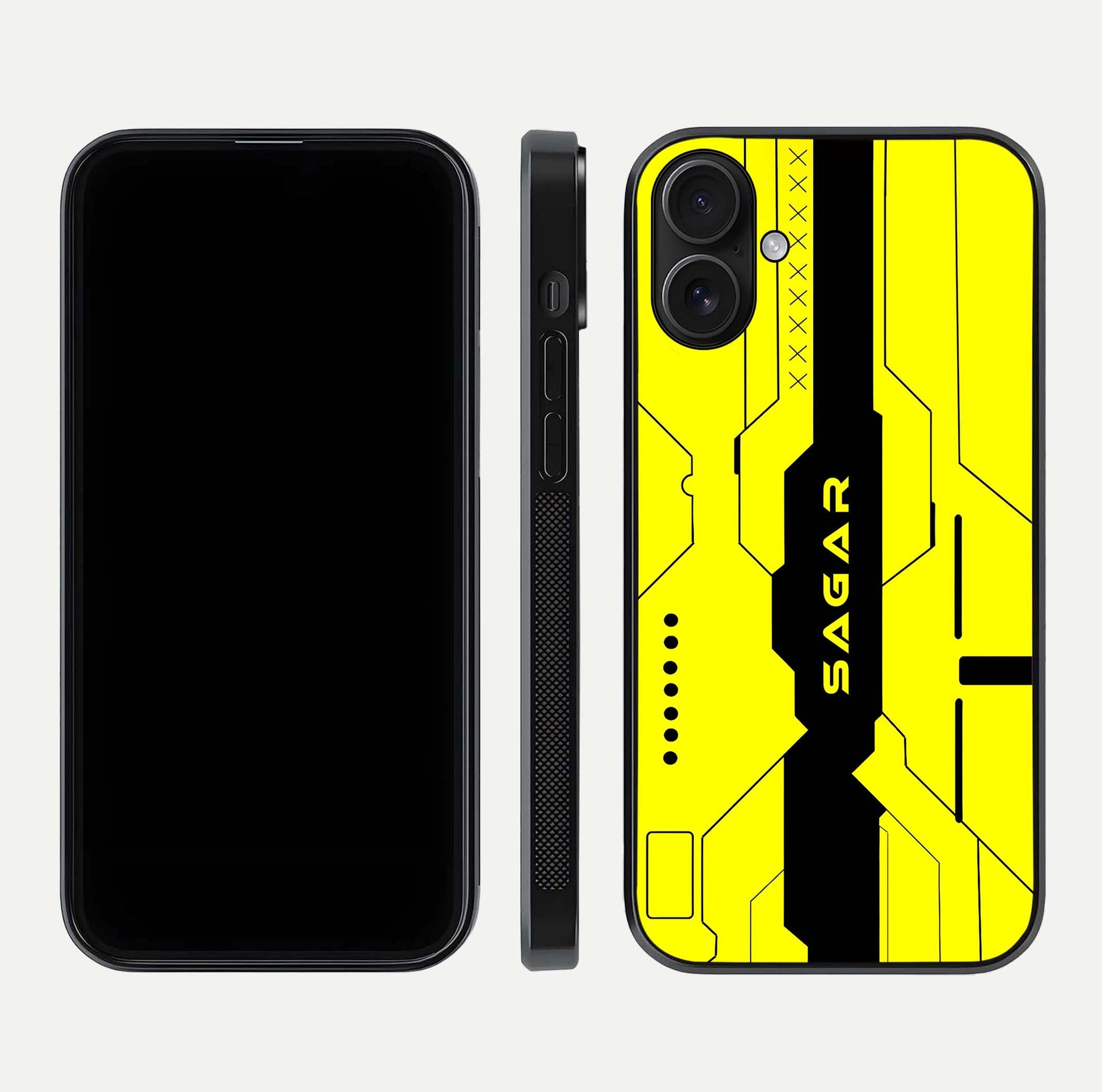 Circuit CYBERPUNK Custom Name Glass Case for iPhone 16 dual-view layout showing bold tech art and edge clarity