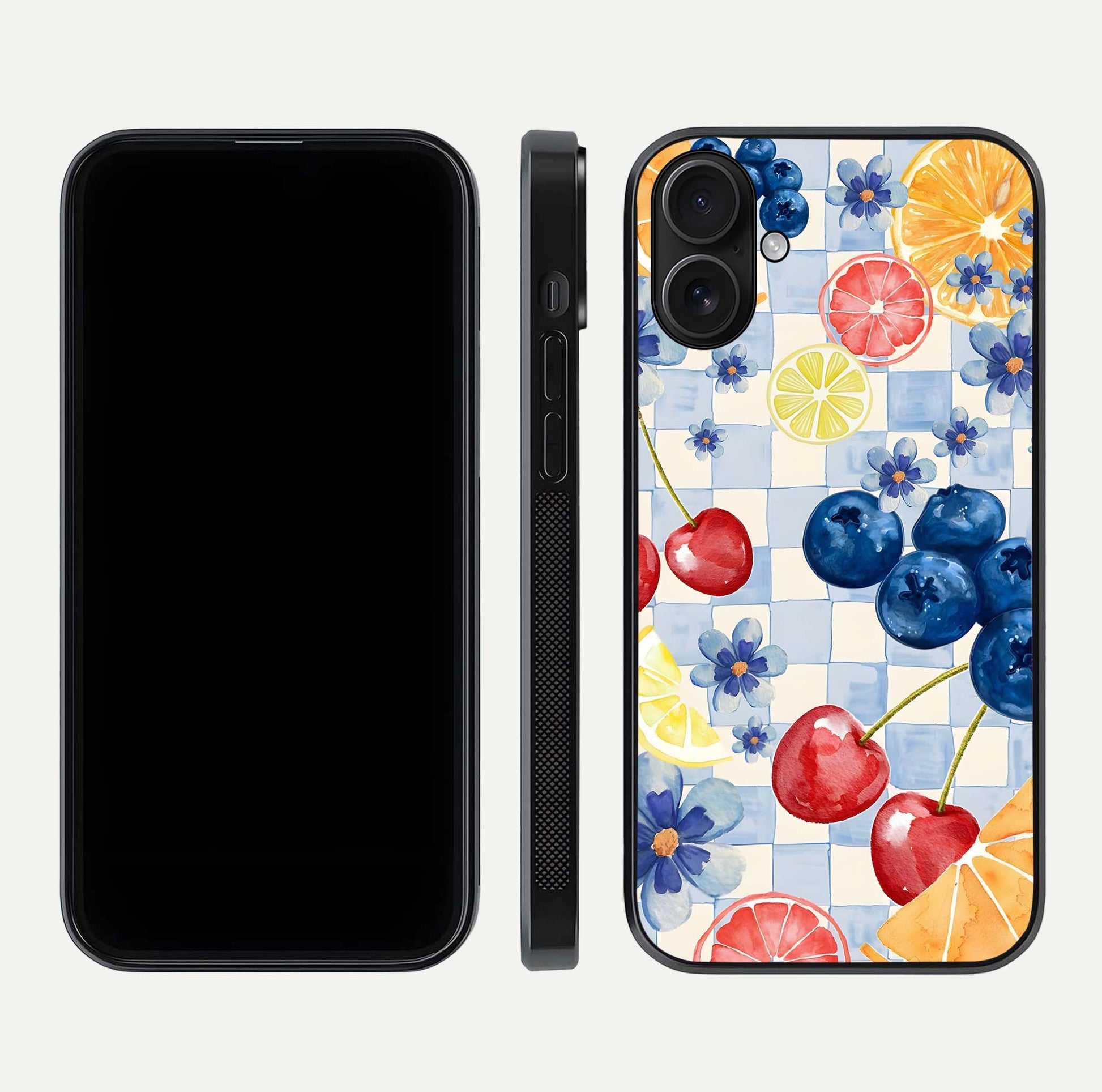 Citrus Bloom Joy Glass Case for iPhone 16 dual-view layout displaying colorful print and smooth edges