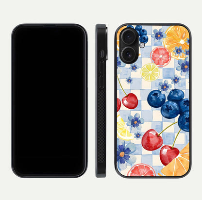 Citrus Bloom Joy Glass Case for iPhone 16 dual-view layout displaying colorful print and smooth edges