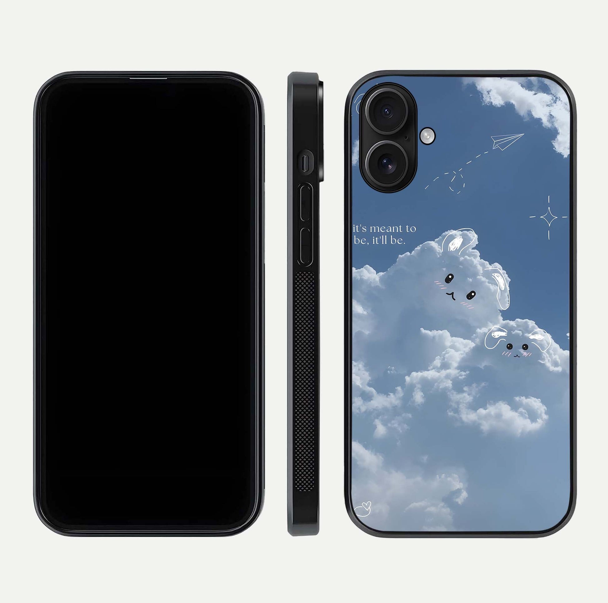 Cloud Bunny Dreams Glass Case for iPhone 16 dual-view layout displaying aesthetic tones and smooth polish