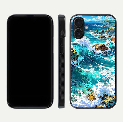Coastal Blue Waves Glass Case for iPhone 16 dual-view layout displaying sea tones and curved finish