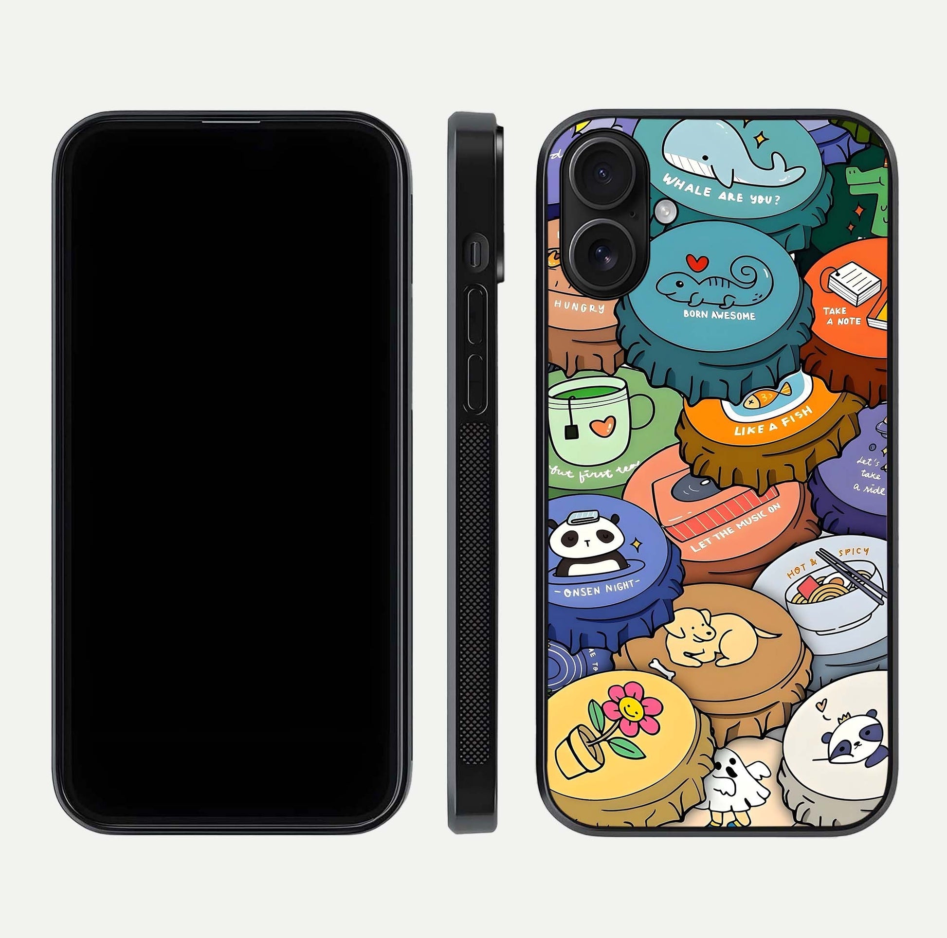 Coins Patterns Glass Case for iPhone 16 dual-view layout displaying elegant art and glass clarity