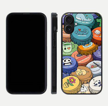 Coins Patterns Glass Case for iPhone 16 dual-view layout displaying elegant art and glass clarity