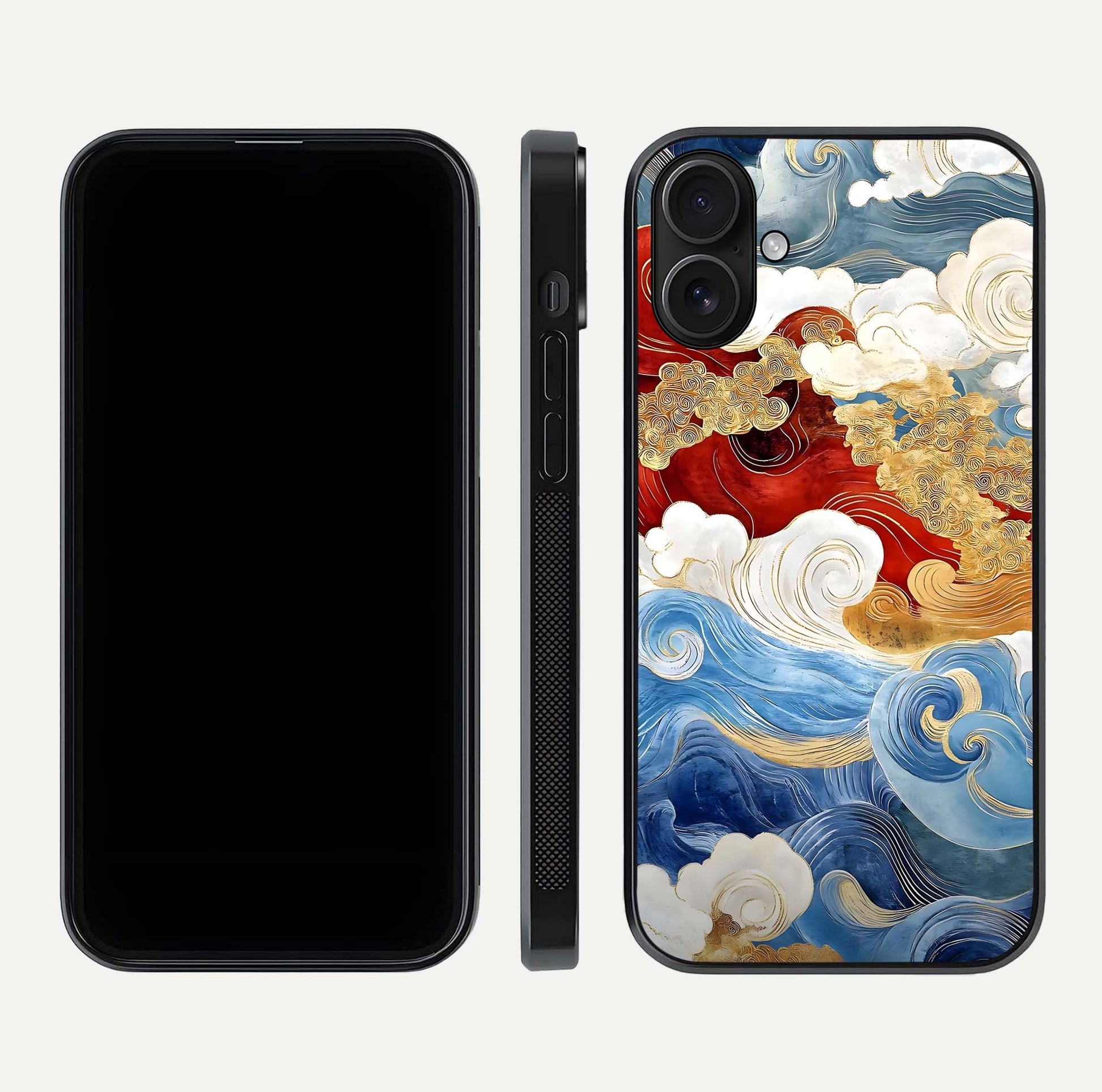 Colored Waves Glass Case for iPhone 16 front & back layout showing smooth edges and vivid print tones