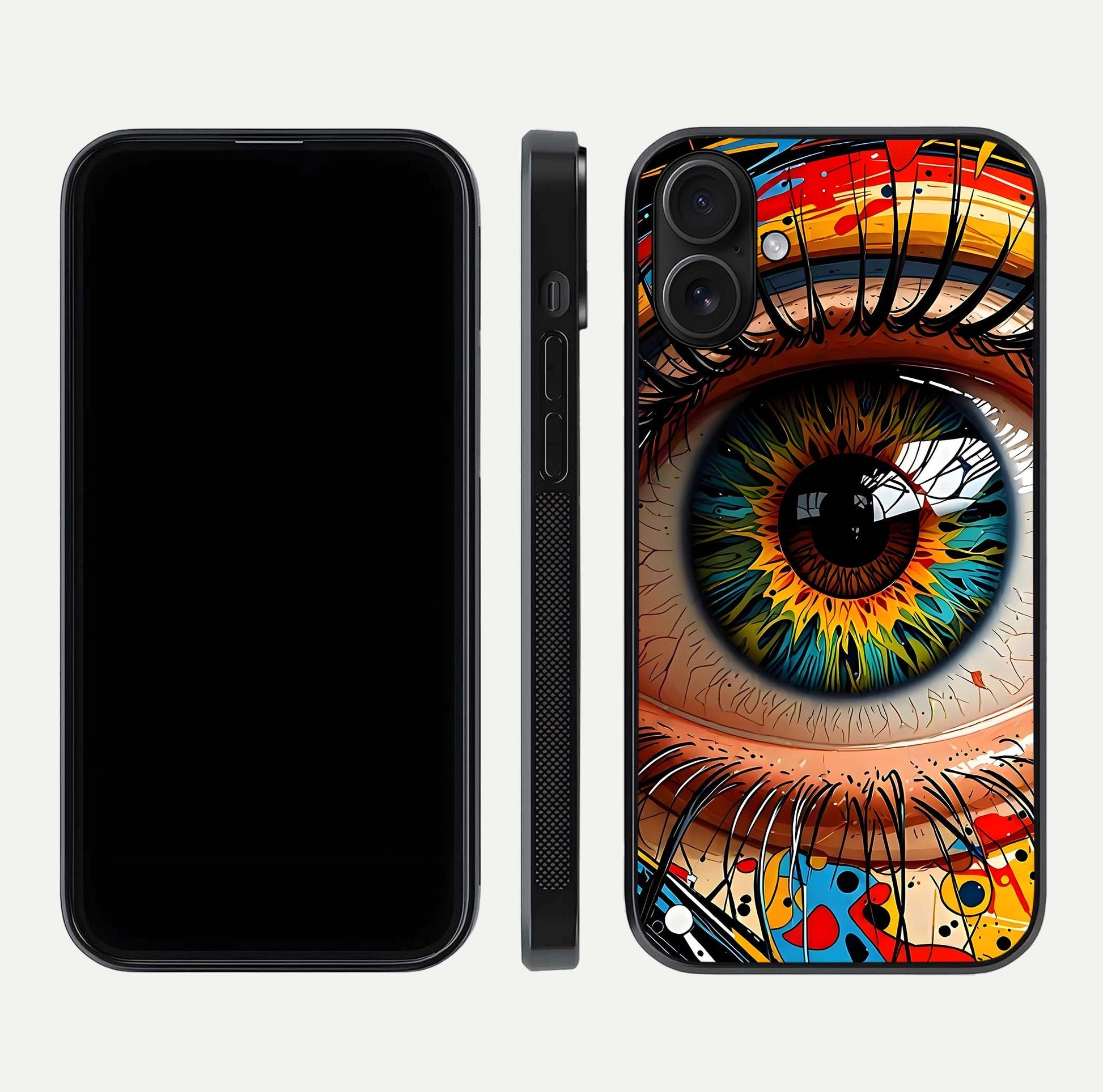 Colorful Eye Glass Case for iPhone 16 dual-view layout displaying vivid tones and smooth glass edges