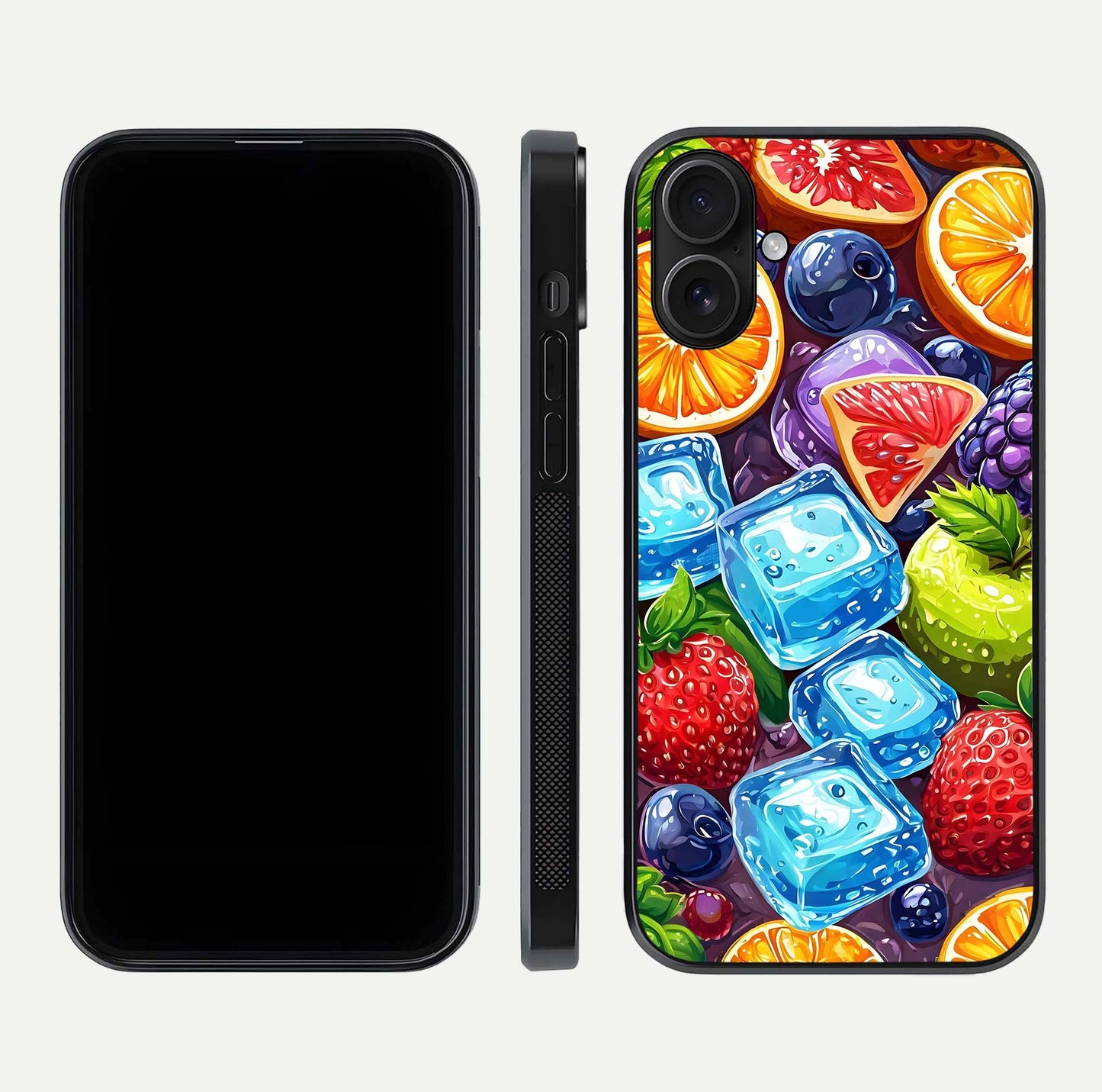 Colorful Fruits with Ice Glass Case for iPhone 16 dual-view layout showing fresh tones and polished edges