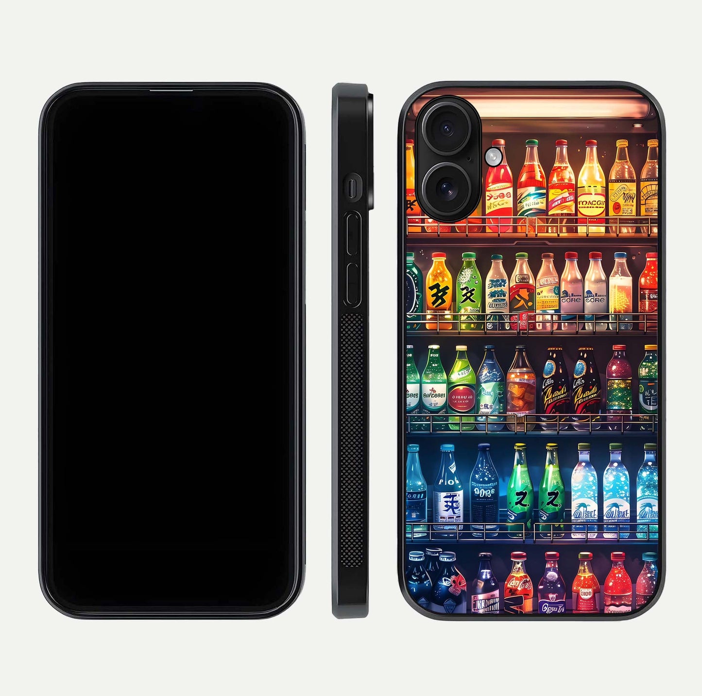 Colorful Soda Bottles Glass Case for iPhone 16 dual-view layout displaying playful tones and gloss clarity