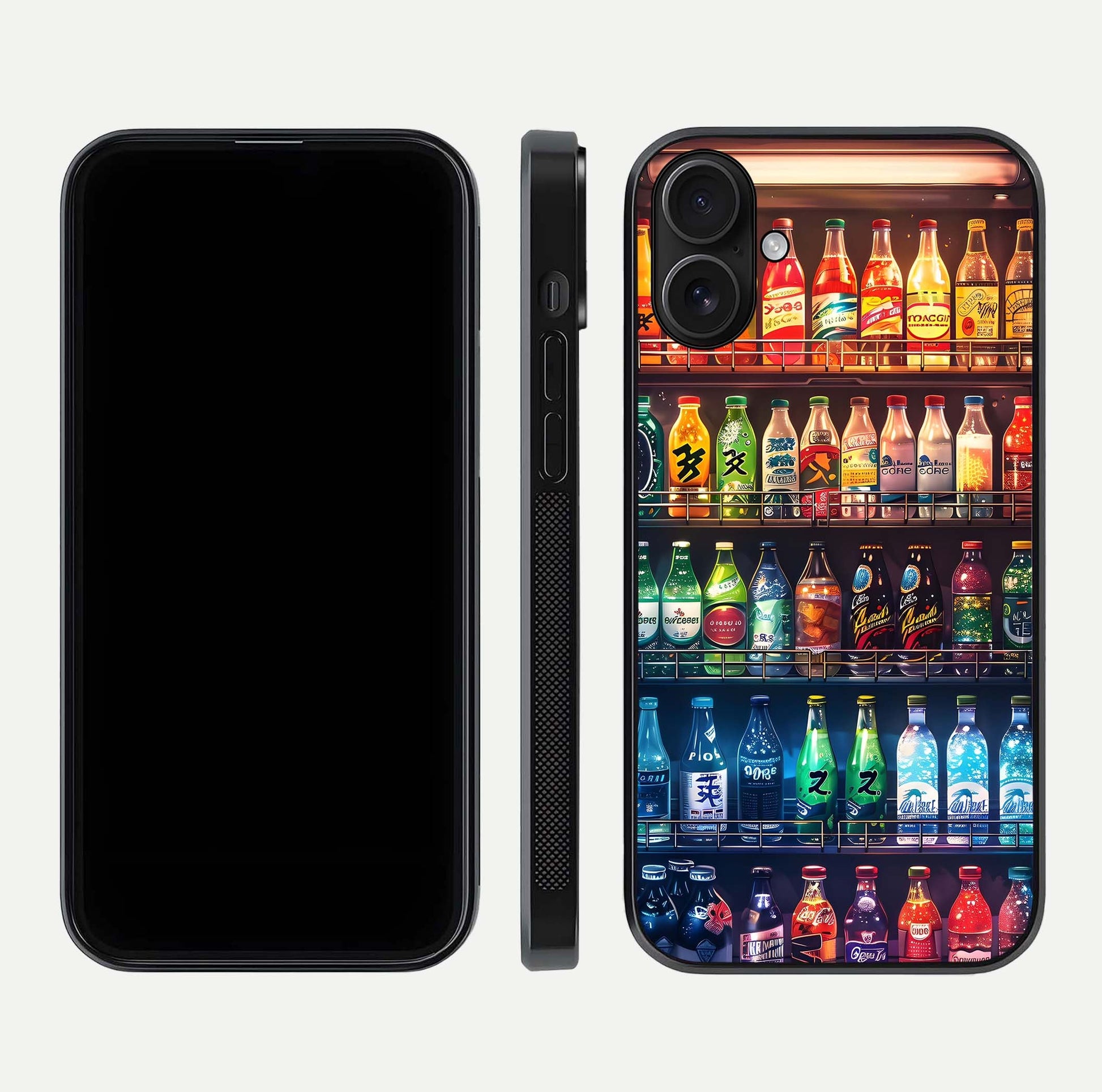 Colorful Soda Bottles Glass Case for iPhone 16 dual-view layout displaying playful tones and gloss clarity