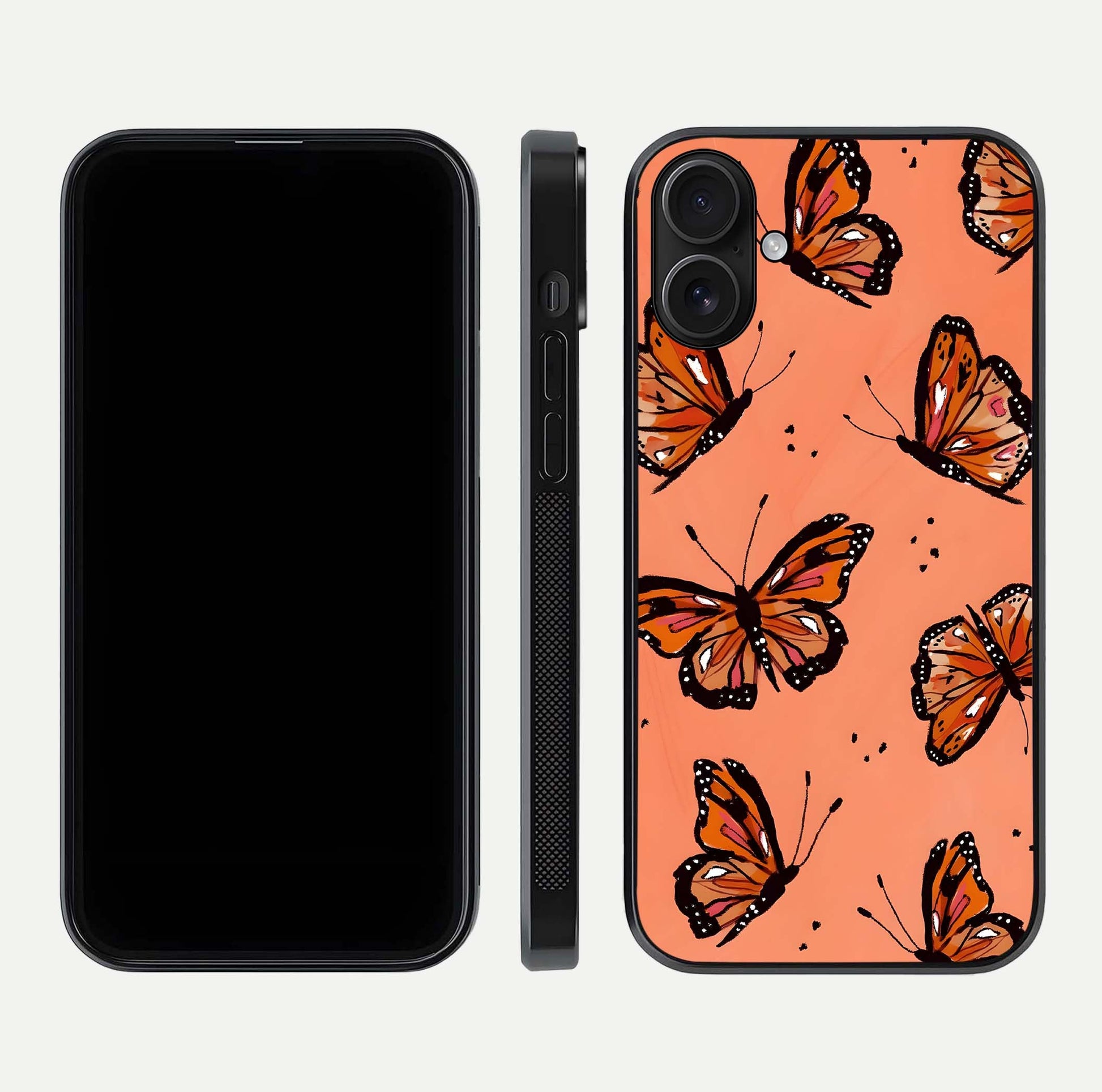Coral Wing Butterfly Glass Case for iPhone 16 dual-view layout displaying soft floral tones and curved edges