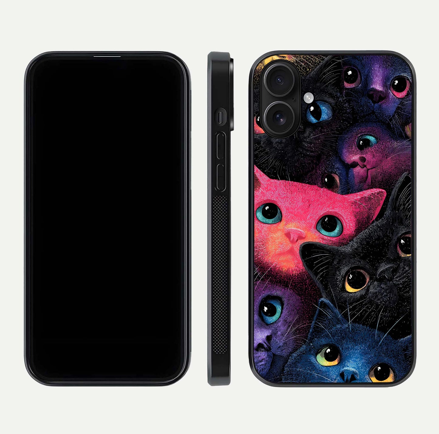 Cosmic Cats Dreams Glass Case for iPhone 16 dual-view layout displaying HD print and glossy shine