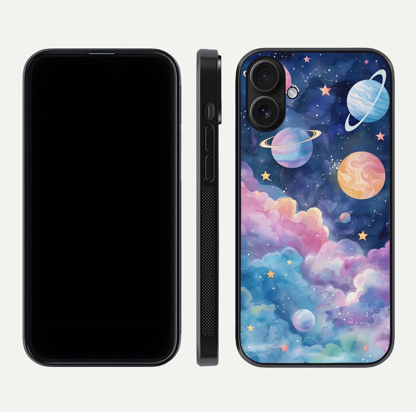 Cosmic Planet Dreams Glass Case for iPhone 16 dual-view layout displaying galaxy colors and curved finish