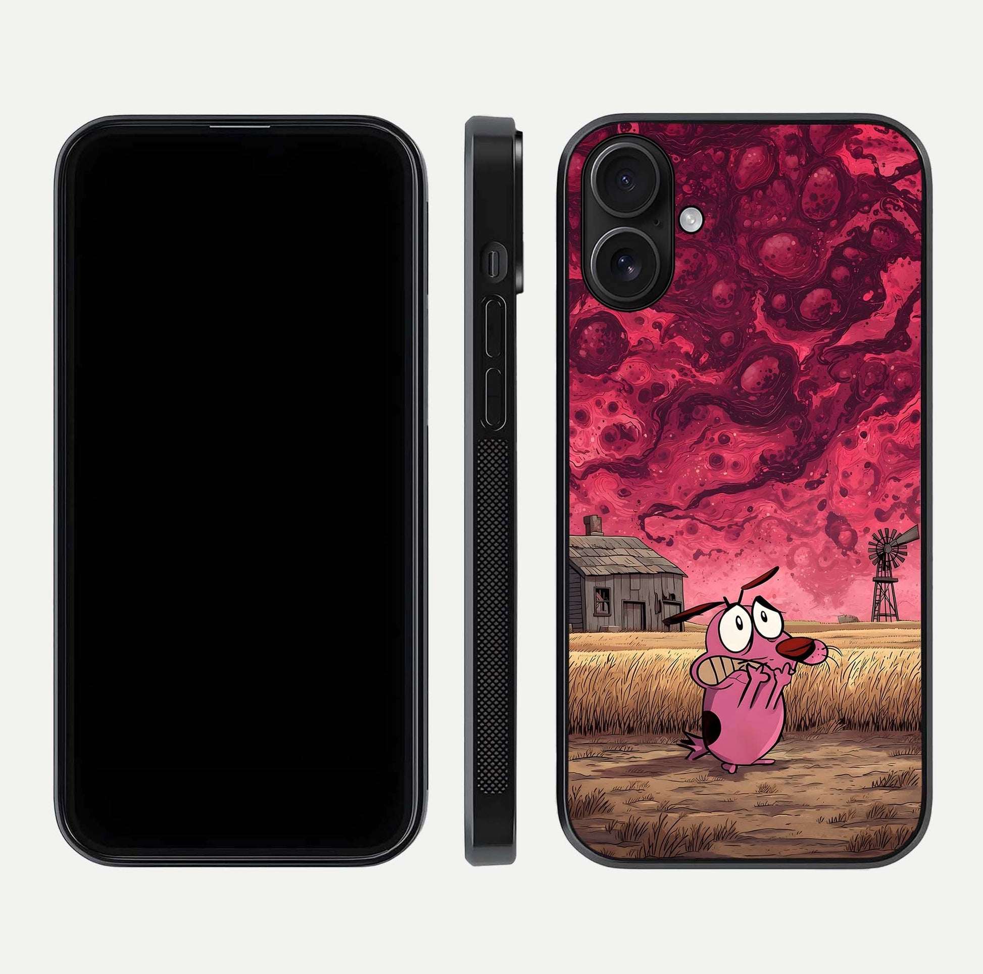 Courage Under Sky Glass Case for iPhone 16 dual-view layout displaying text alignment and glass finish