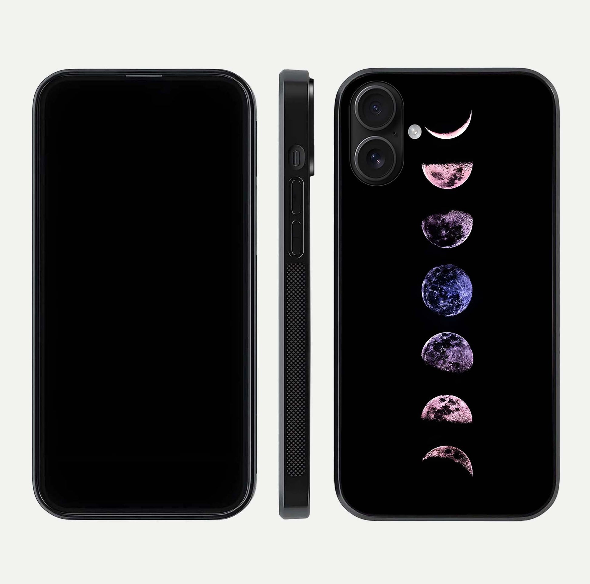 Crimson All Planets Glass Case for iPhone 16 dual-view layout displaying crimson tones and curved edges