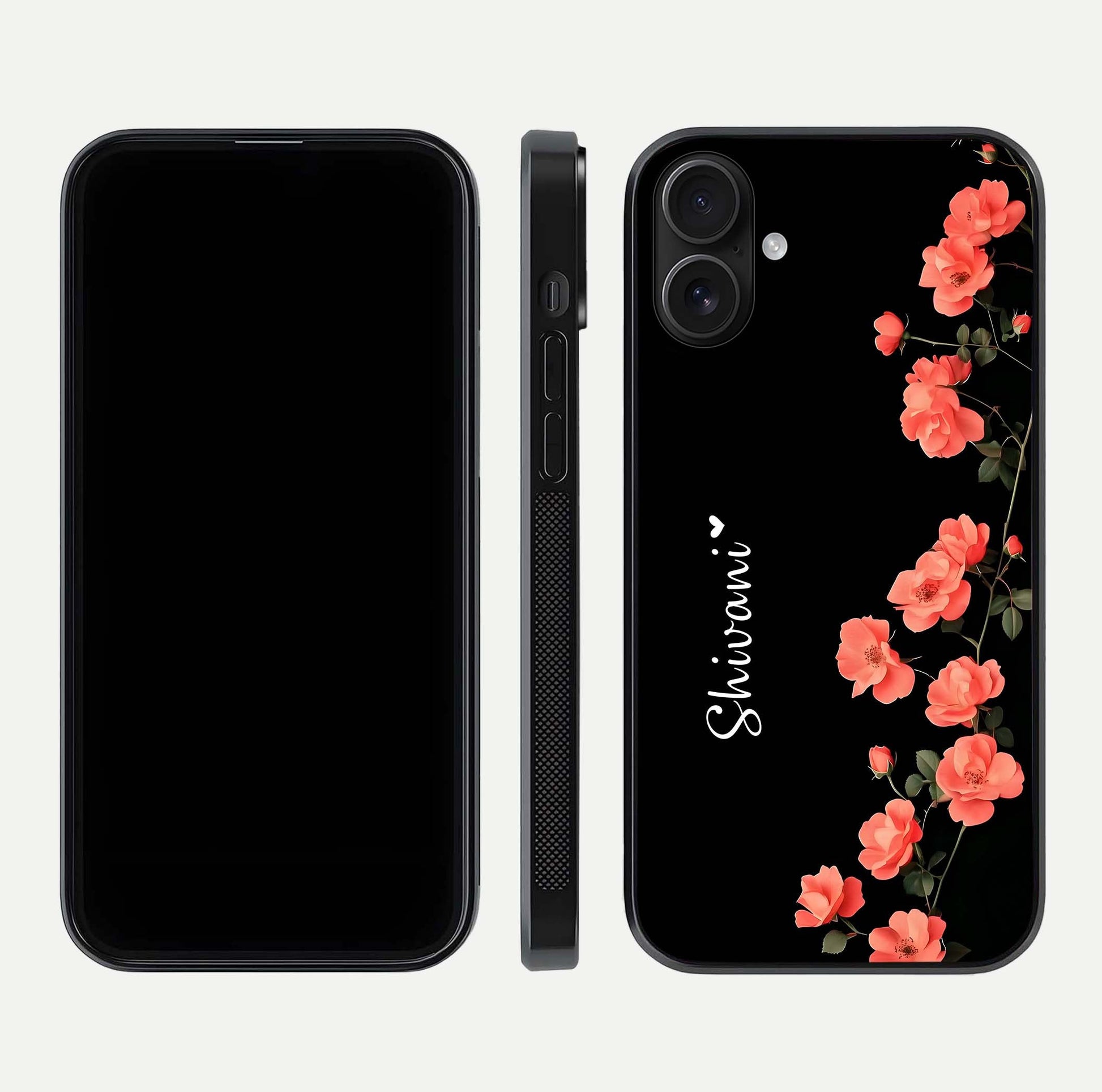 Crimson Bloom Grace Custom Name Glass Case for iPhone 16 dual-view layout displaying custom text and smooth curved edges