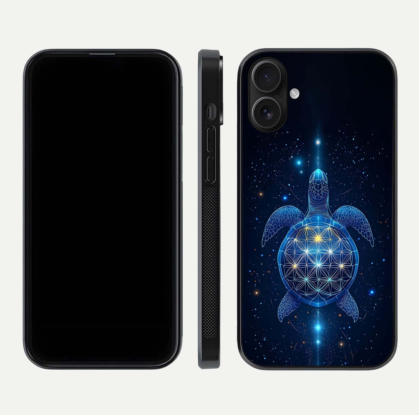 Crimson Blue Turtle Glass Case for iPhone 16 dual-view layout displaying ocean tones and HD finish