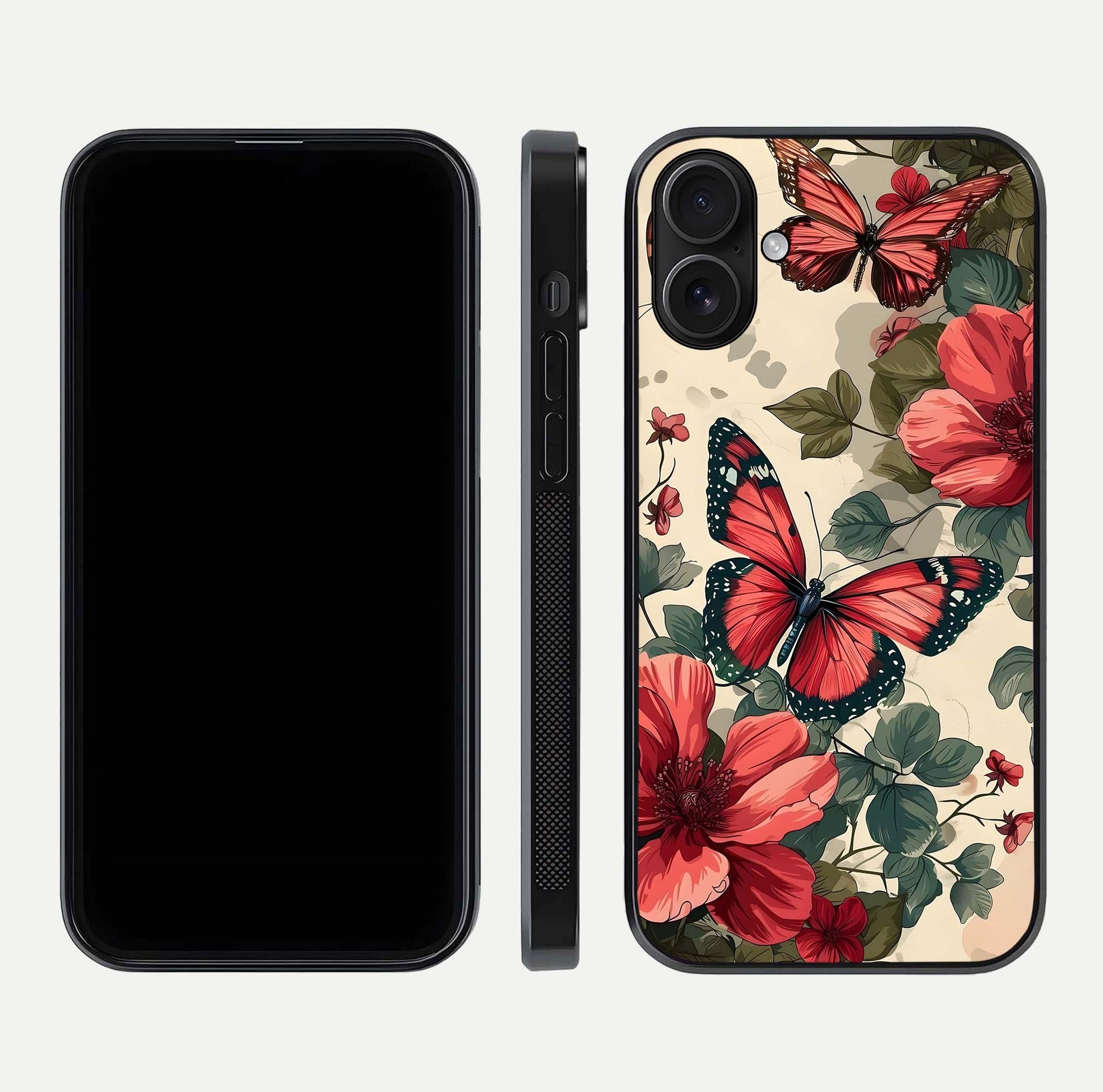 Crimson Butterfly Garden Glass Case for iPhone 16 dual-view layout displaying floral patterns and edge finish