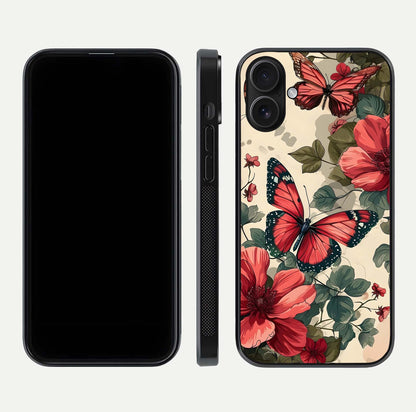 Crimson Butterfly Garden Glass Case for iPhone 16 dual-view layout displaying floral patterns and edge finish