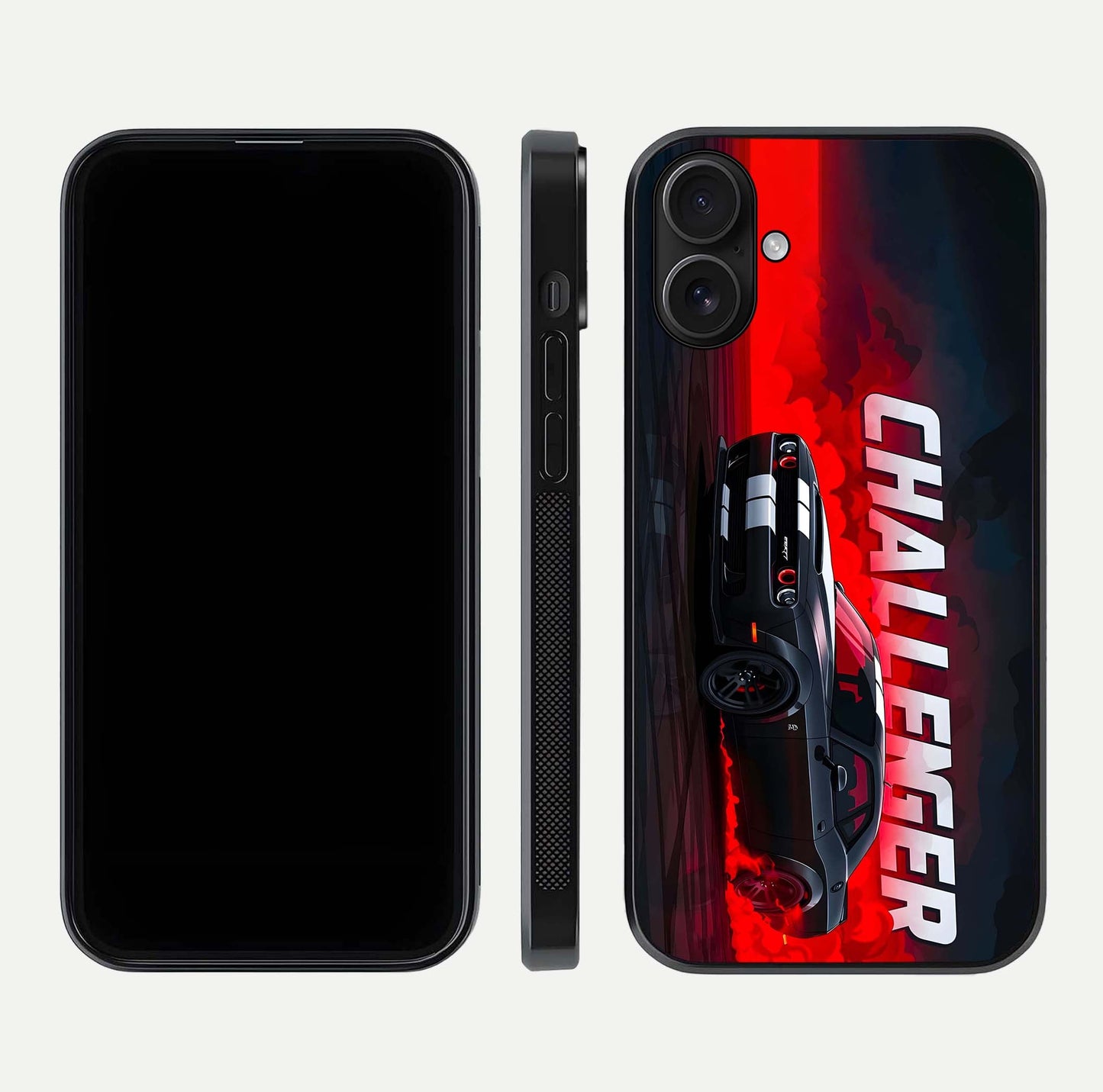 Crimson Challenger Fury Glass Case for iPhone 16 dual-view layout displaying bold tones and edge polish