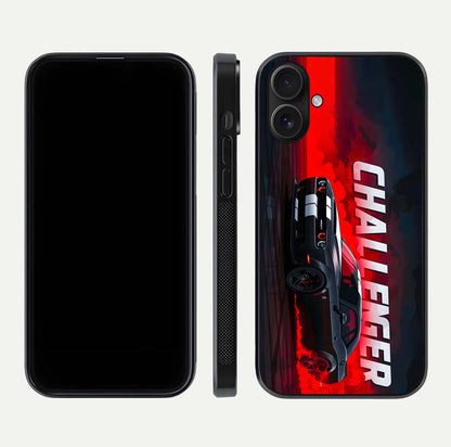 Crimson Challenger Fury Glass Case for iPhone 16 dual-view layout displaying bold tones and edge polish