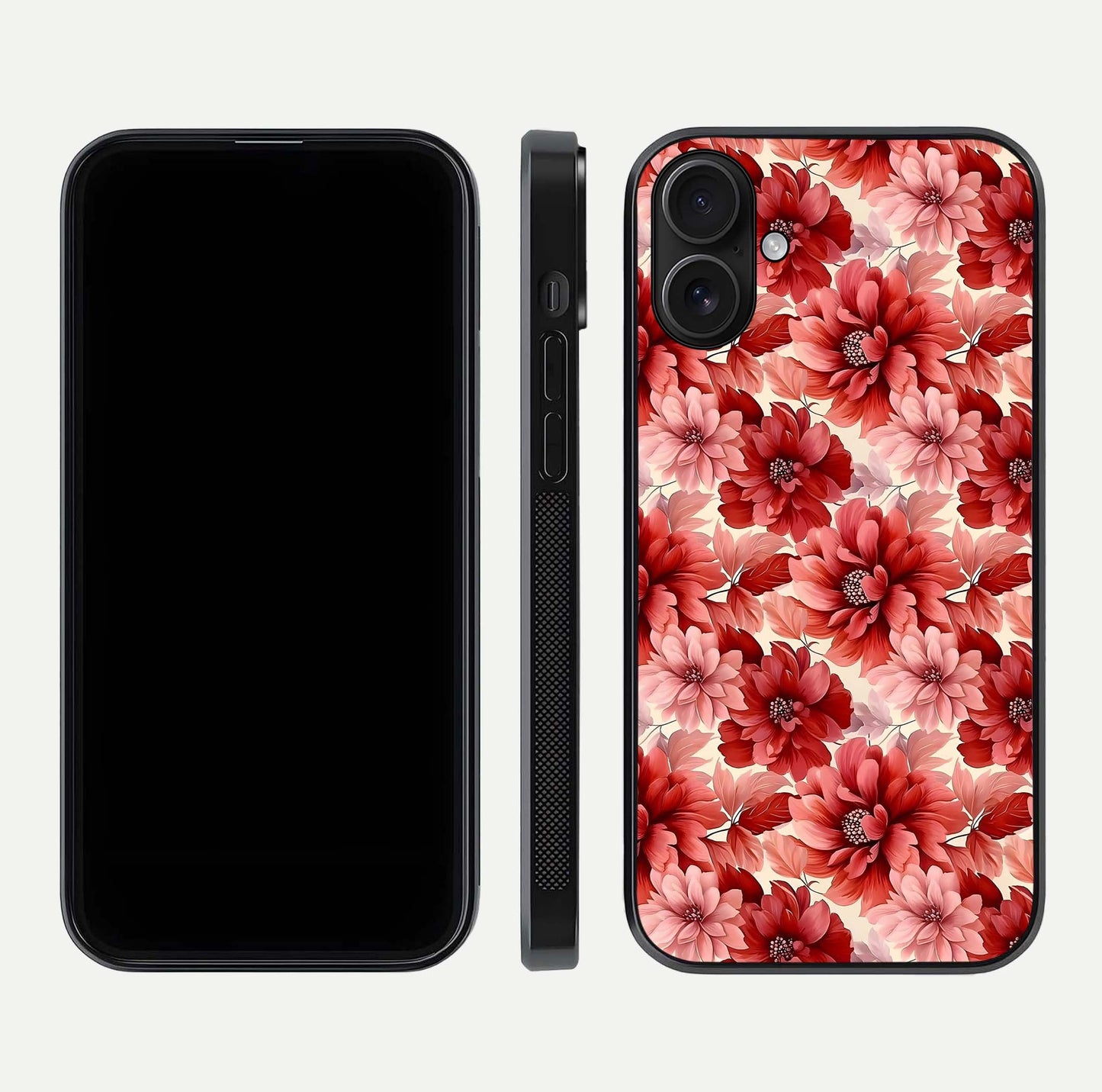 Crimson Love Petals Glass Case for iPhone 16 dual-view layout displaying floral charm and curved glass