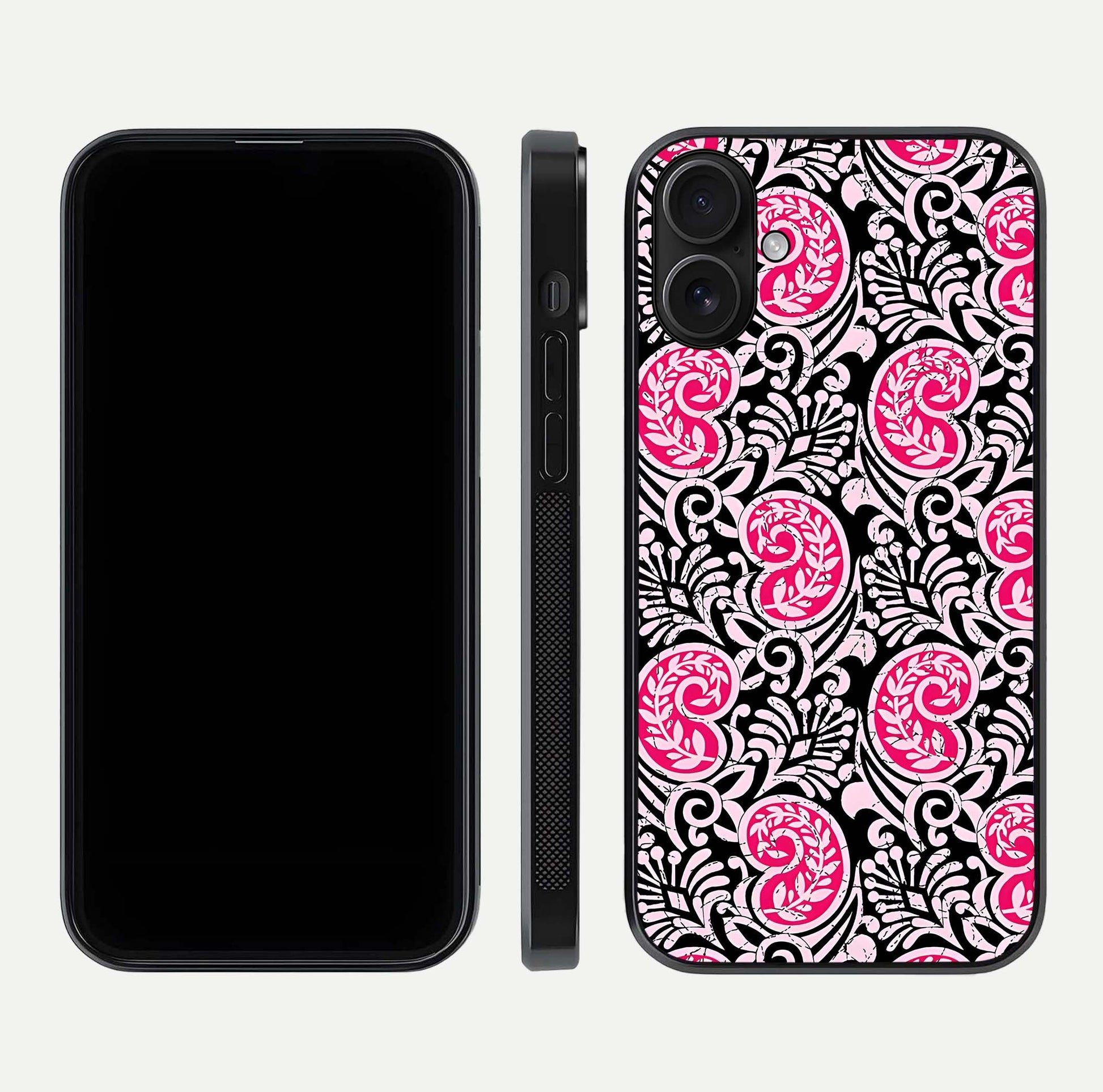 Crimson Paisley Charm Glass Case for iPhone 16 dual-view layout displaying HD print and curved polish
