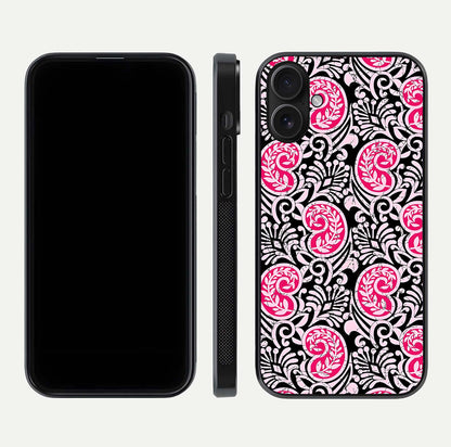 Crimson Paisley Charm Glass Case for iPhone 16 dual-view layout displaying HD print and curved polish