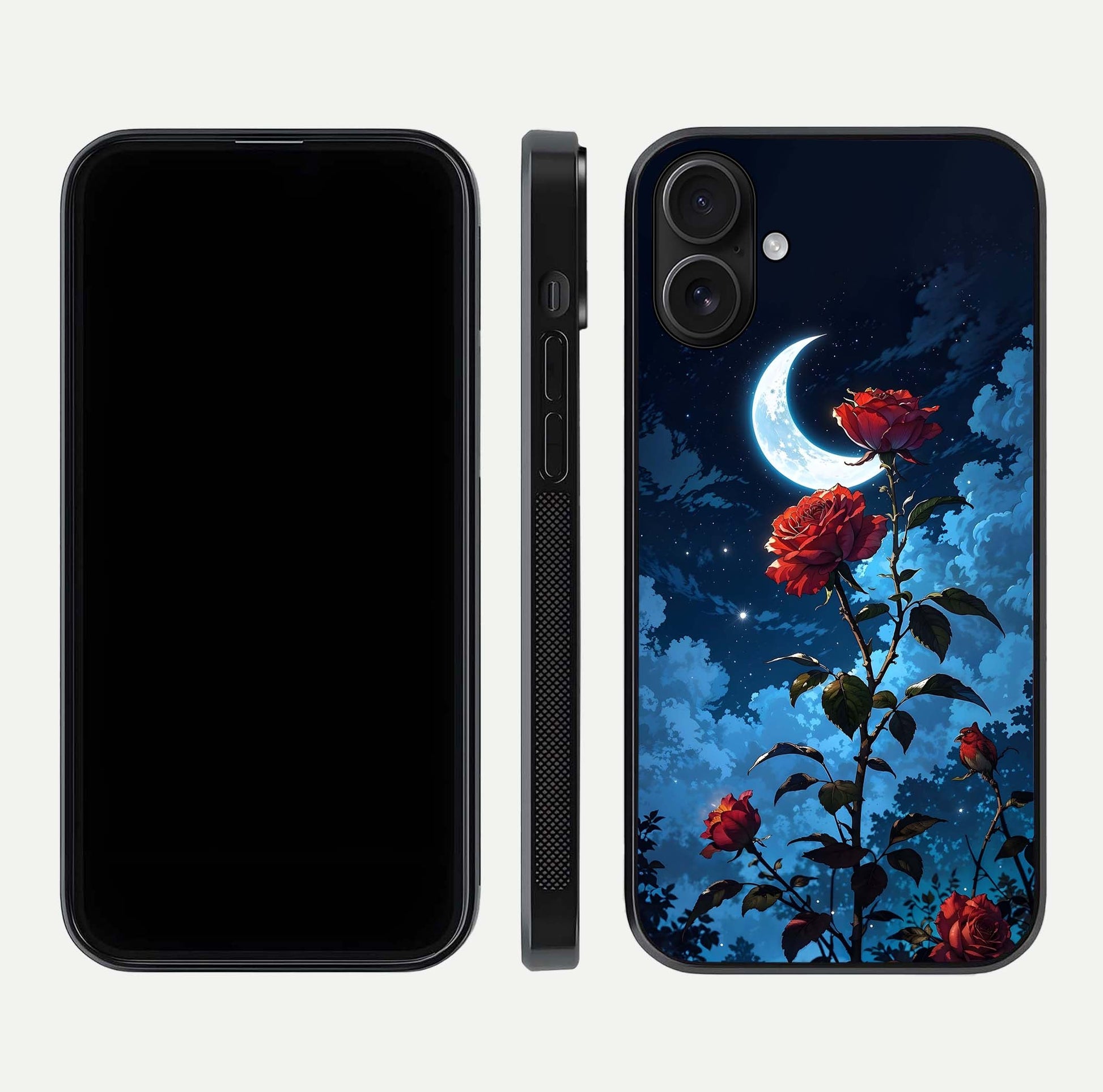 Crimson Rose Moon Glass Case for iPhone 16 dual-view layout displaying red tones and soft gloss