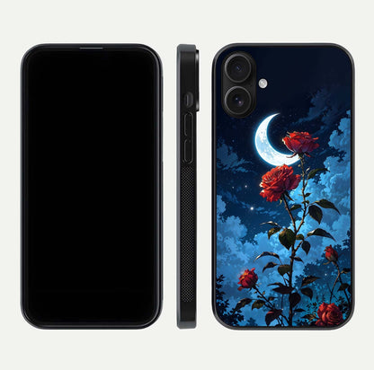 Crimson Rose Moon Glass Case for iPhone 16 dual-view layout displaying red tones and soft gloss