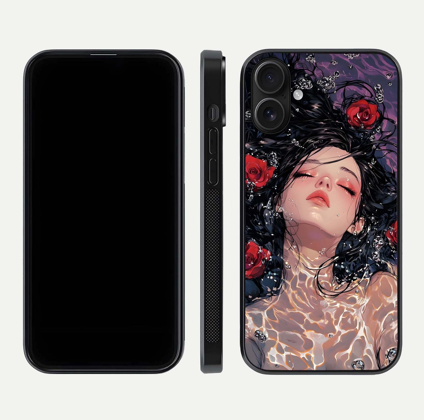Crimson Rose Serenity Glass Case for iPhone 16 dual-view layout displaying serenity tones and curved glass