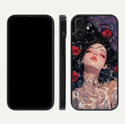 Crimson Rose Serenity Glass Case for iPhone 16 dual-view layout displaying serenity tones and curved glass