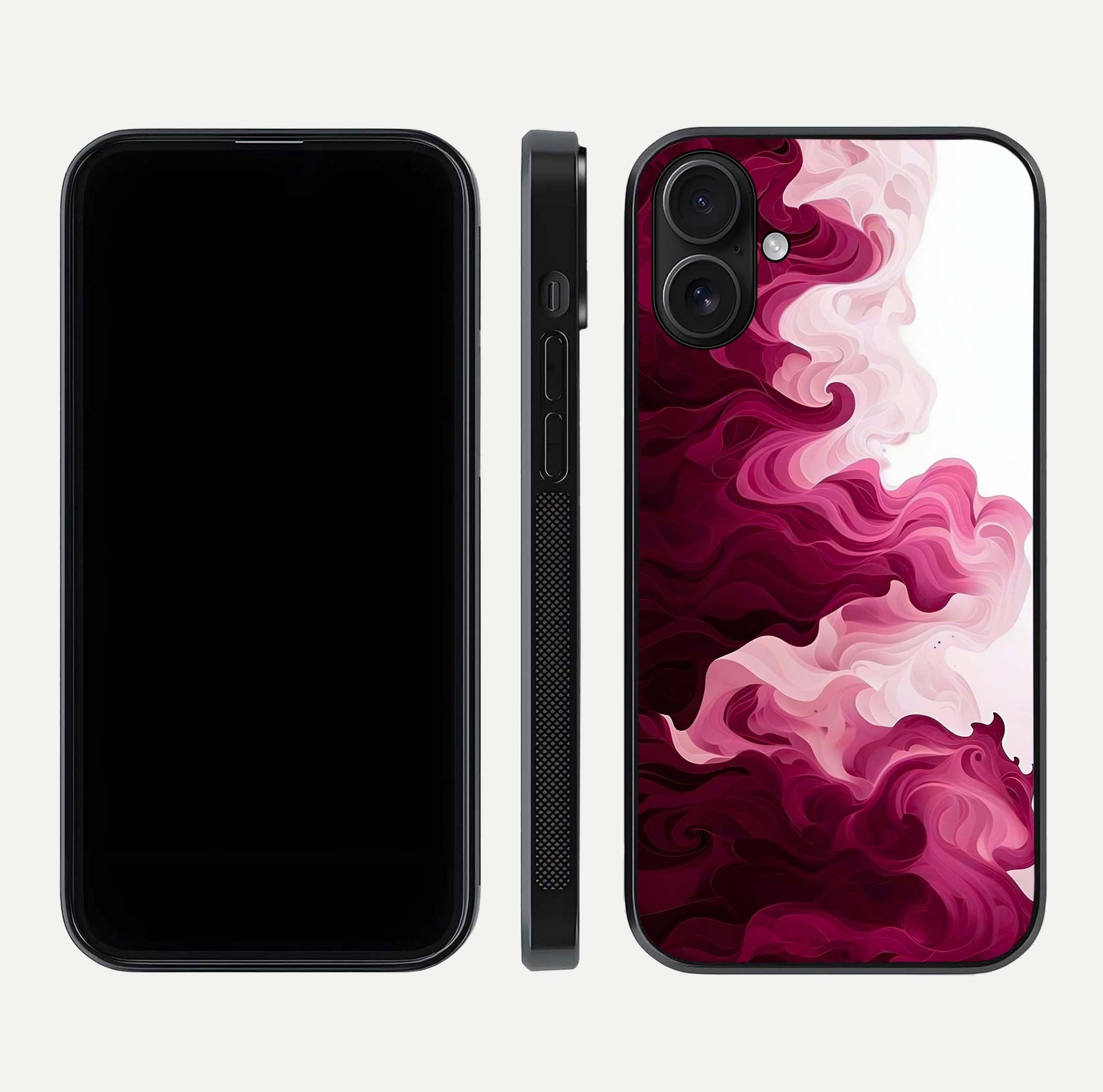 Crimson Wave Flow Glass Case for iPhone 16 dual-view layout displaying curved wave art and polished surface