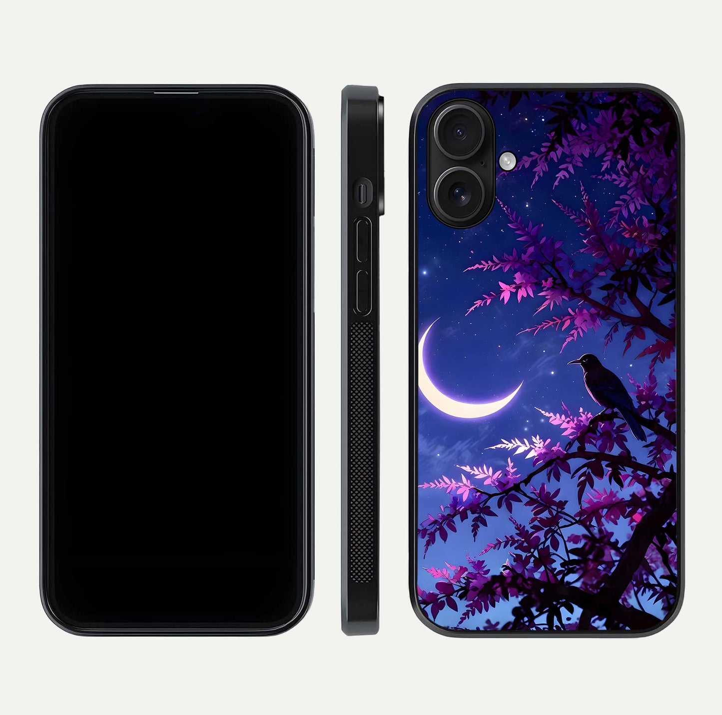 Crow & Moon Scenery Glass Case for iPhone 16 dual-view layout displaying night sky art and curved glass edges
