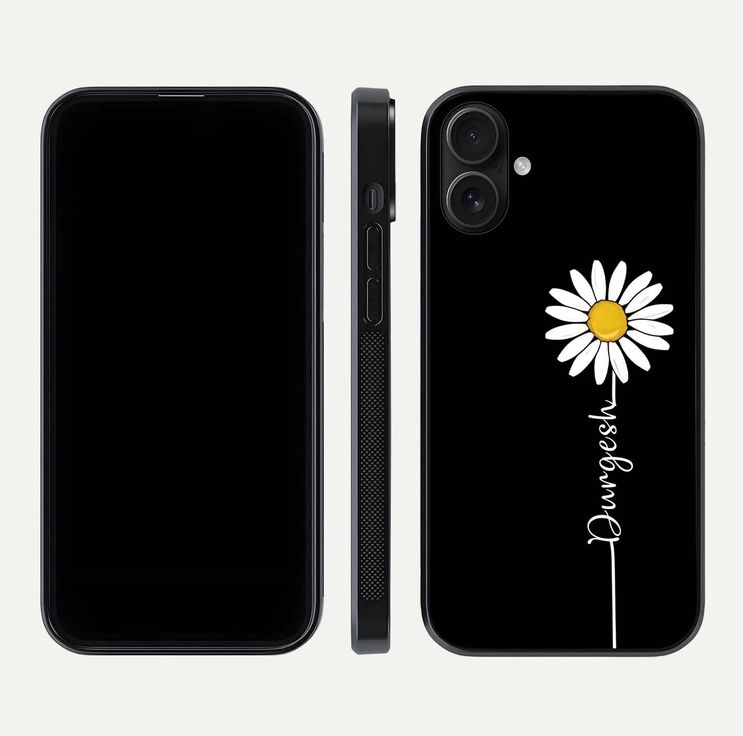 Custom Name White Flower Glass Case for iPhone 16 dual-view layout showing elegant floral tone and curved edge finish