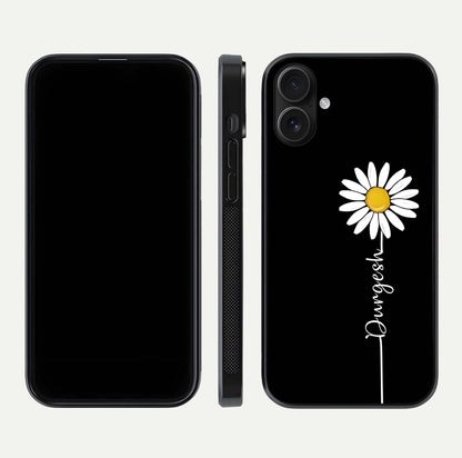 Custom Name White Flower Glass Case for iPhone 16 dual-view layout showing elegant floral tone and curved edge finish