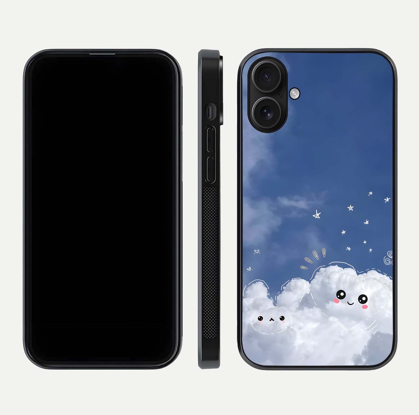 Cute Blossom Cloud Glass Case for iPhone 16 dual-view layout displaying cute floral clouds and polished edge