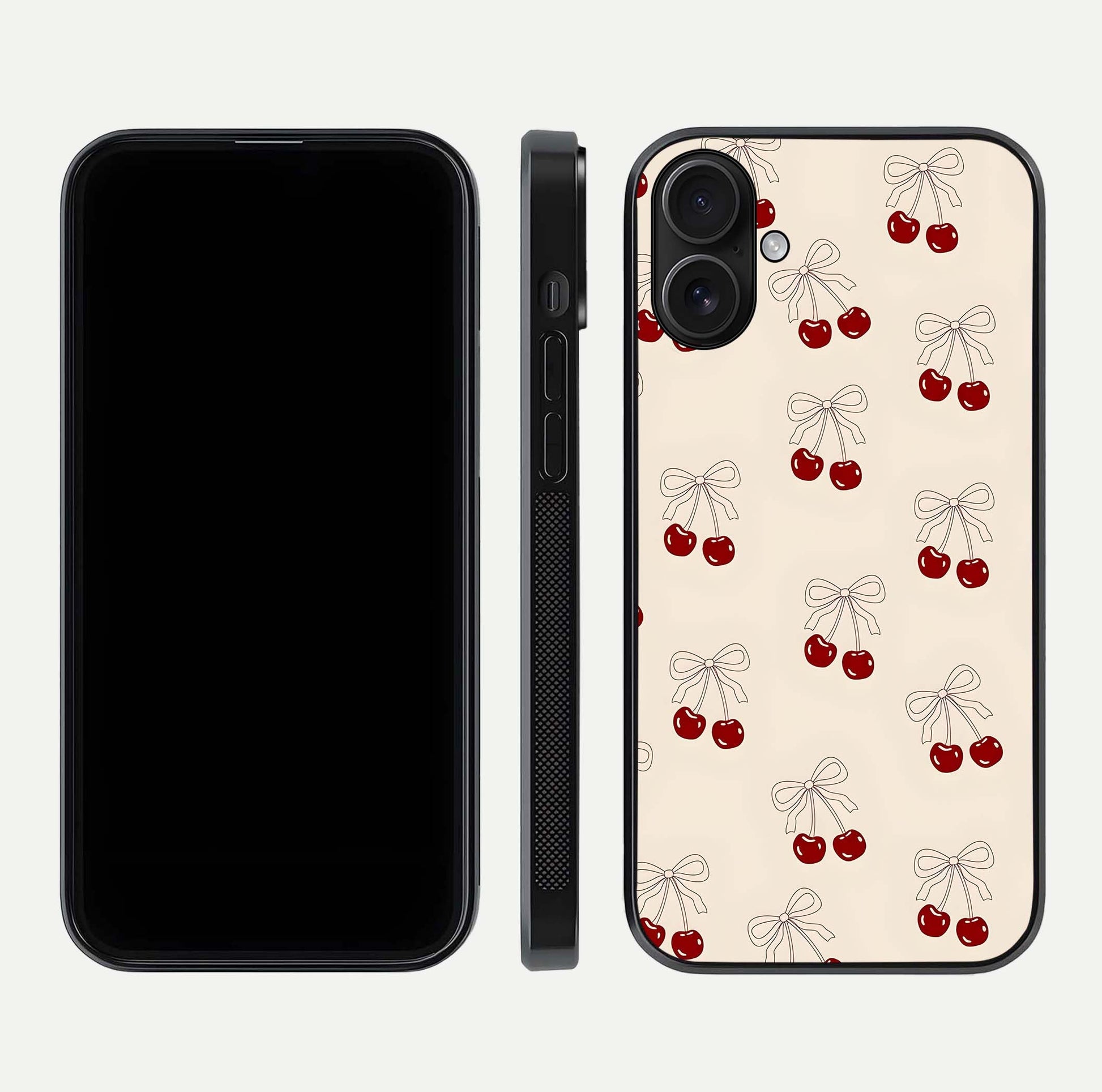 Cute Cherry Pattern Glass Case for iPhone 16 dual-view layout displaying aesthetic fruit print and smooth edges