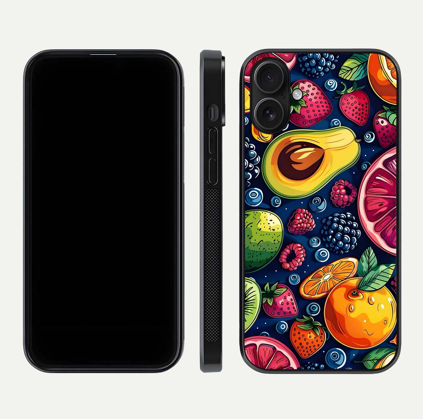 Cute Fruits Art Glass Case for iPhone 16 dual-view layout displaying playful tones and curved design