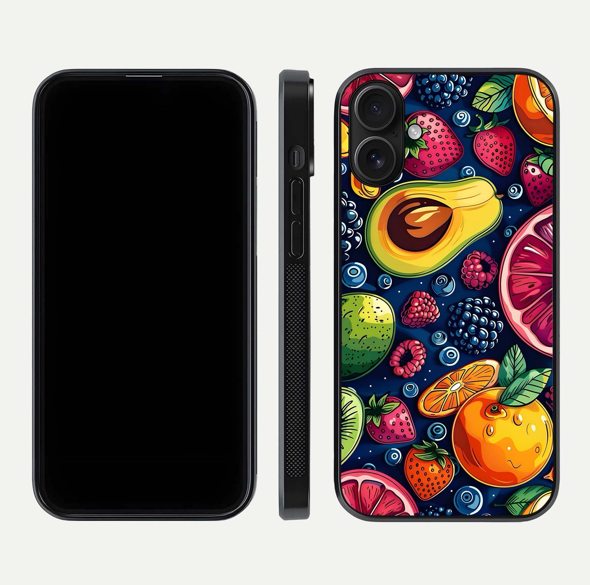 Cute Fruits Art Glass Case for iPhone 16 dual-view layout displaying playful tones and curved design