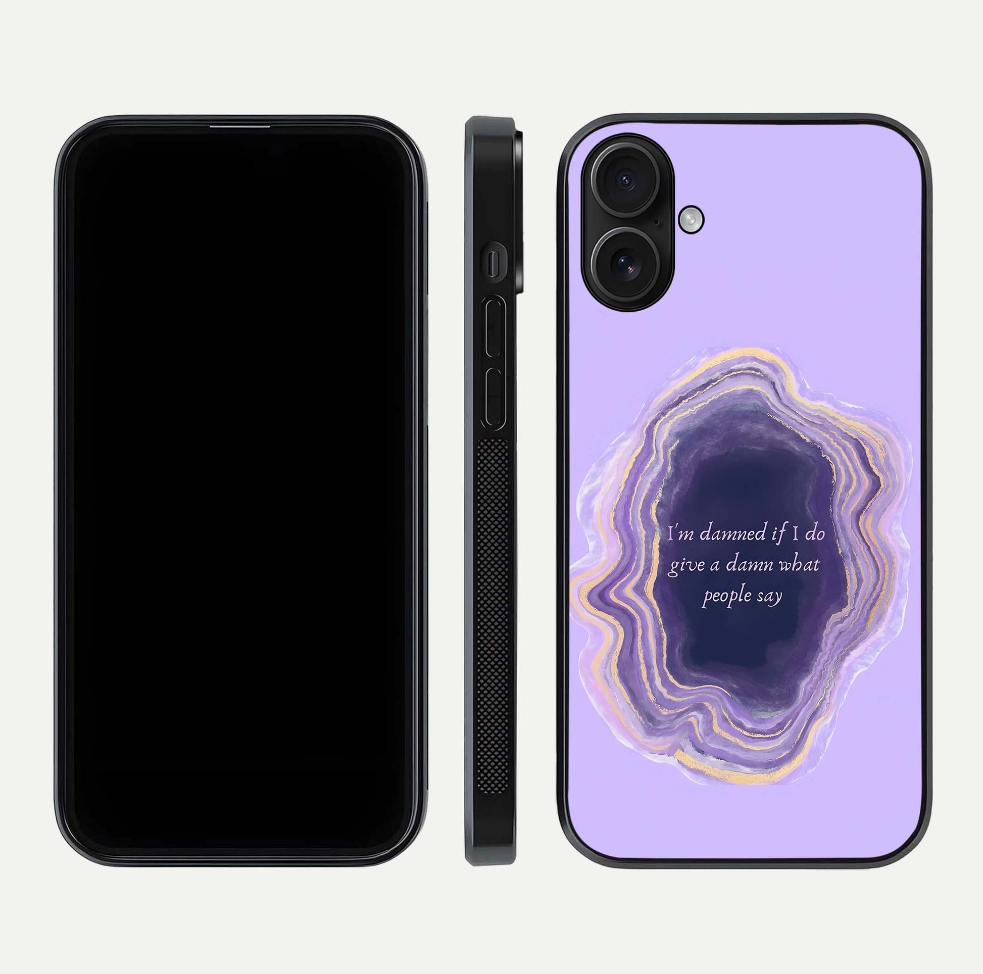 Damned People Quote Glass Case for iPhone 16 dual-view layout displaying modern print and glass clarity