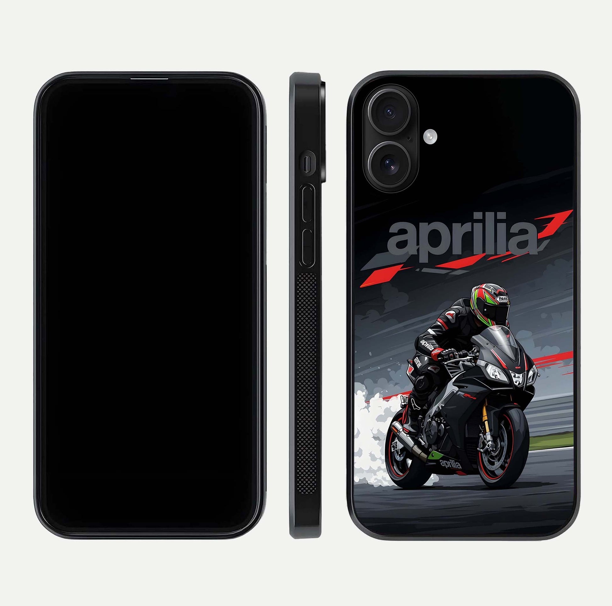 Dark Aprilla Glass Case for iPhone 16 dual-view layout displaying sleek racing look and HD shine