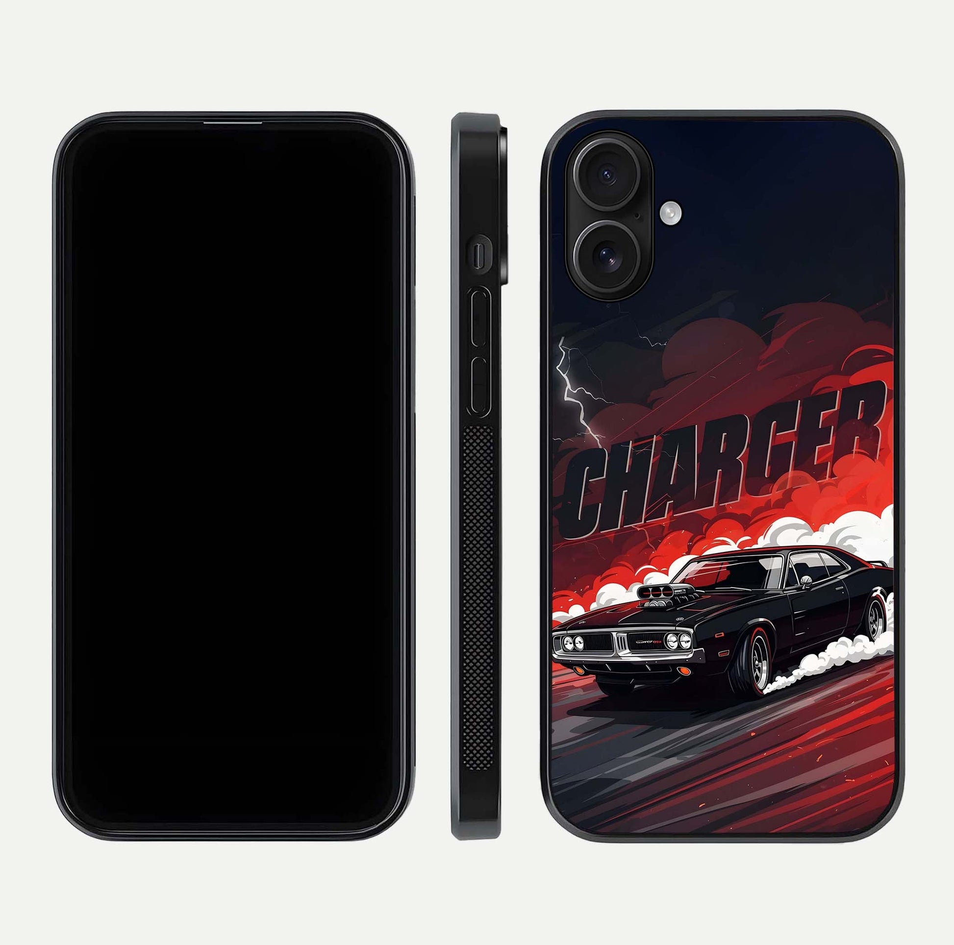 Dark Charger Fury Glass Case for iPhone 16 dual-view layout displaying HD design and polished edges