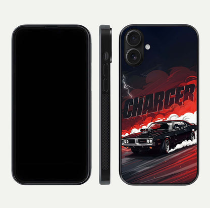 Dark Charger Fury Glass Case for iPhone 16 dual-view layout displaying HD design and polished edges