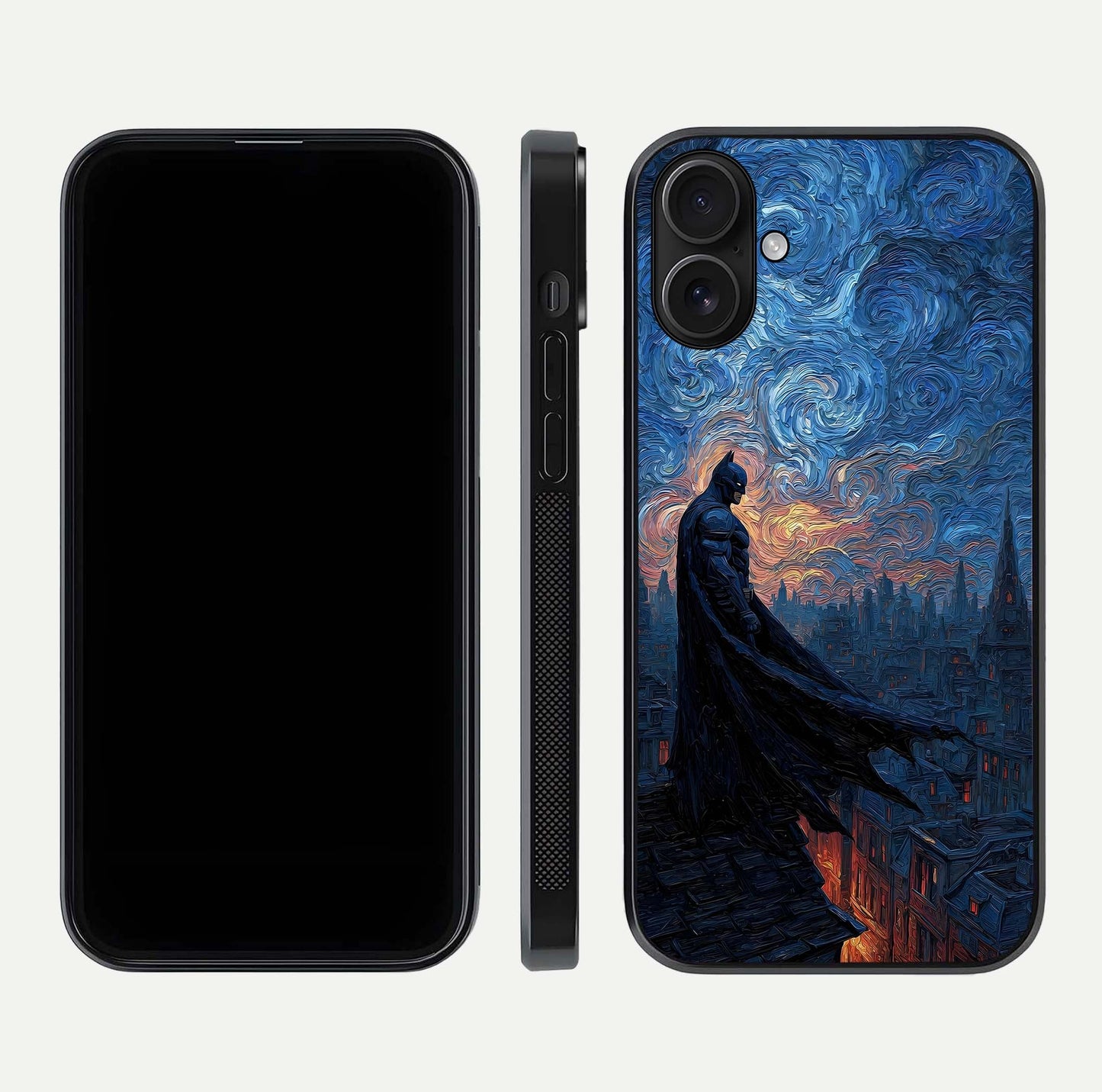 Dark Knight Dusk Glass Case for iPhone 16 dual-view layout displaying HD hero print and curved glass edges