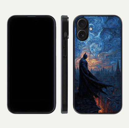 Dark Knight Dusk Glass Case for iPhone 16 dual-view layout displaying HD hero print and curved glass edges